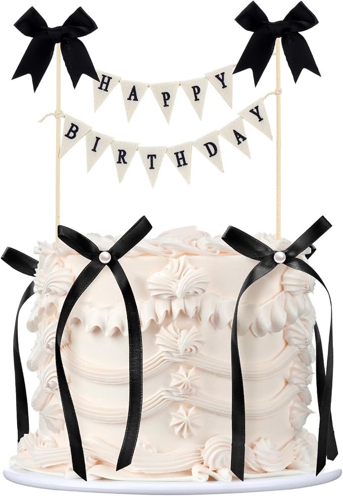 Honeydak 11 Pcs Black Bow Ribbon Cake Topper Happy Birthday Cake Bunting Topper with Wood Pole Handmade Pennant Flags with Bows Ribbon for Birthday, Bridal Party Decoration