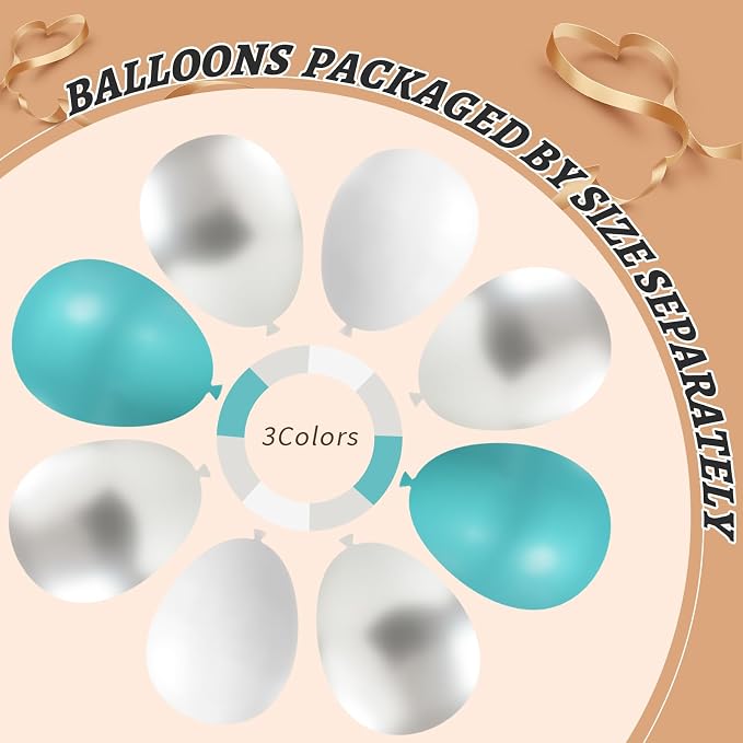 412Pcs Teal Silver White Balloon Garland Arch Kit, 18 12 10 5 Inch Different Size White Metallic Silver Teal Balloons Balloons,for Birthday Party Graduation Baby Shower Wedding Holiday Decoration