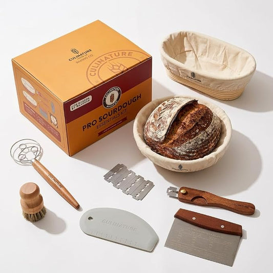 Complete Sourdough Starter Kit with Troubleshooting Cookbook, 2-Banneton Set:10" Round & Oval Grade-A Rattan Baskets,Mat, Sapele Tools Won’t Warp| Beginner‑Friendly Baking Supplies–Gift for Bakers