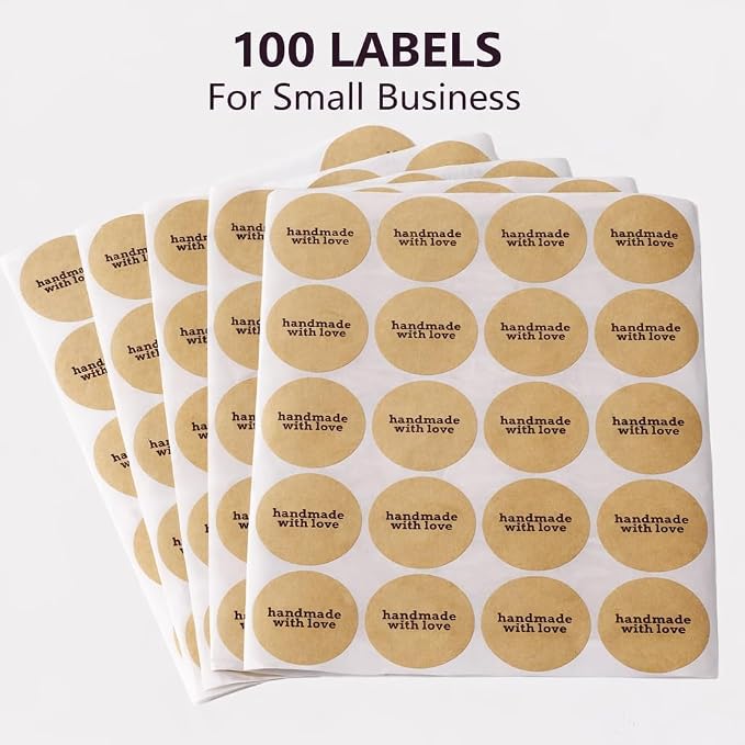Handmade with Love Stickers, 2 Inch Round Kraft Paper Packaging Seals, 100 Count, Strong Adhesive Labels for Small Business, Gifts, Envelopes and Bakery Packaging