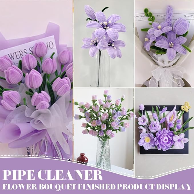 AHAMETON 620Pcs Purple Pipe Cleaner Flower Kit, 6 Colors Bulk Pipe Cleaners Craft Supplies with Wires, Stamens, Ribbon, Tapes, Card, DIY Flower Making for Gifts Home Decoration, Party & School Crafts