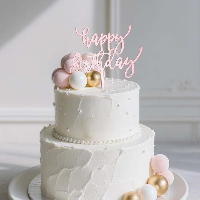 6-Pack Acrylic Birthday Cake Toppers, Mirror Pink Happy Birthday Sign for Cake Decorations