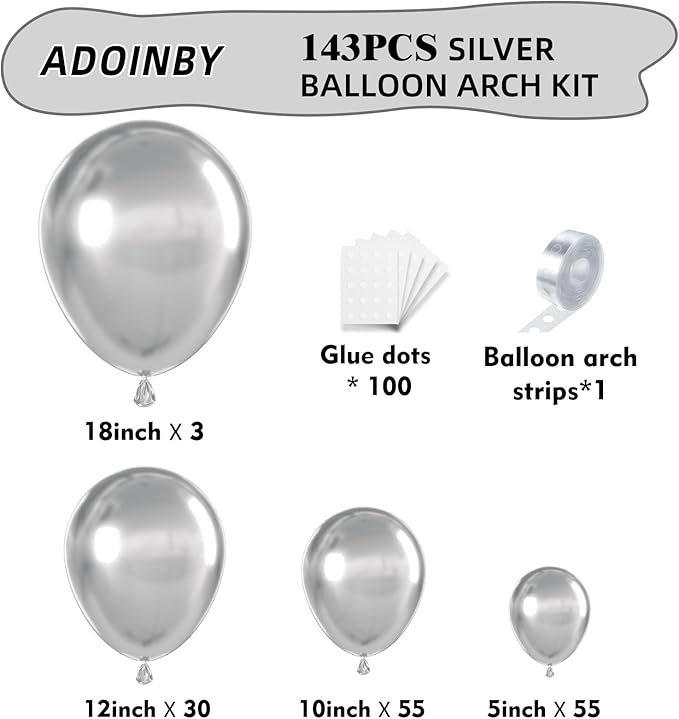 Silver Balloon Arch Kit, 143Pcs Chrome Metallic Silver Latex Balloon Garland kit, 18 12 10 5Inch Different Size Balloons for Wedding New Year Anniversary Baby Shower Birthday Party Decorations