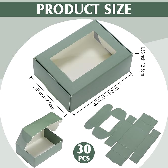 Zonon 30 Pcs Soap Boxes for Homemade Packaging, Mini Kraft Boxes with Window for Bakery Candy Soap Making Gift Packaging, 3.7x2.6x1.4 Inch (Sage Green)