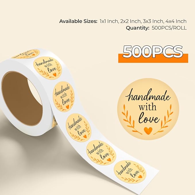 StickerJet Handmade with Love Stickers – 2"x2" Round Labels, 500 Stickers Roll – Easy Peel & Stick, Premium Paper – Self-Adhesive Labels for Small Business, Gifts, and Packaging