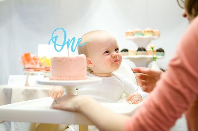 MYAMPED First Birthday Cake Topper - Glitter Light Blue One Sign 1st birthday Cake Decorating Supplies, Suitable for Baby Shower Favors, Gender Reveal, Birthday Party or Photo Booth Props (Light Blue)
