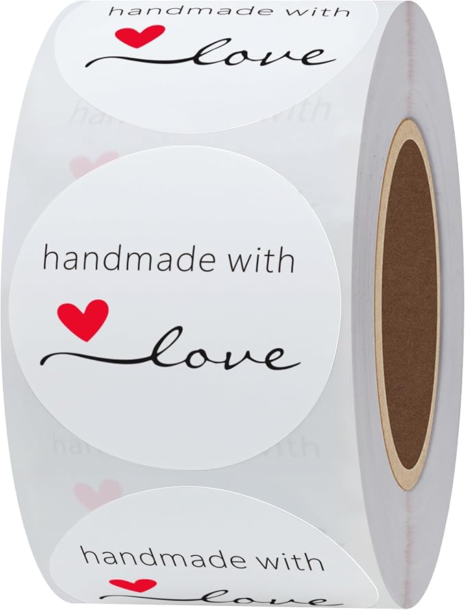 Hybsk Handmade with Love Stickers 1.5" Inch Round Total 500 Adhesive Labels Per Roll (White)