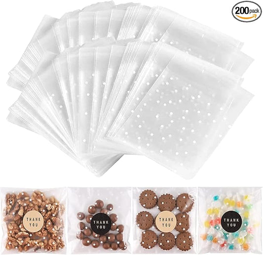 NPLUX 200PACK Self Adhesive Cookie Bags Cellophane Treat Bags Thank You for Gift Giving Candy with Stickers, Party Favor, Graduation Gift Bags(White Polka Dot, 5.5x5.5 INCH)