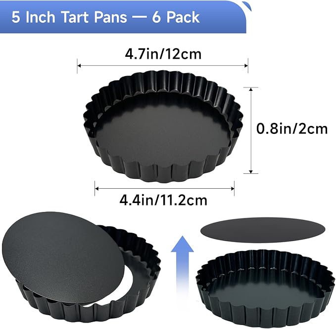 6 Pack Quiche Pans, Nonstick Tart Pans with Removable Bottom for Baking Treats, Pie, Quiches, Tartlets (5 Inch)