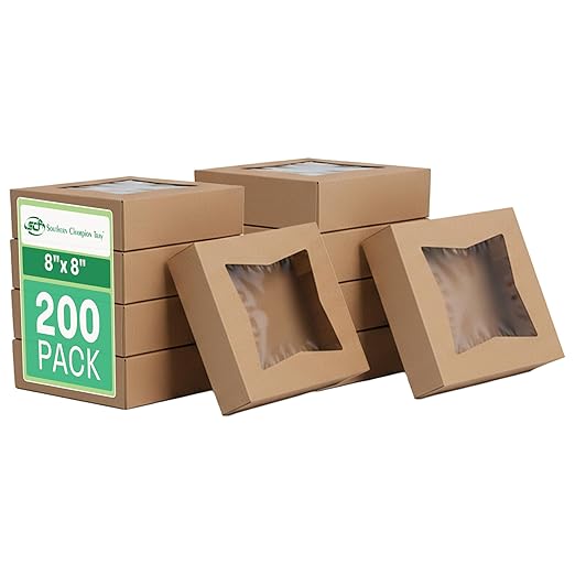 SCT Kraft Window Bakery Box (200 Quantity) 8x8x2.5, Automatic Bakery Carrier for Pies, Donuts, Pastries, Kraft with Clear Lid, 24013K