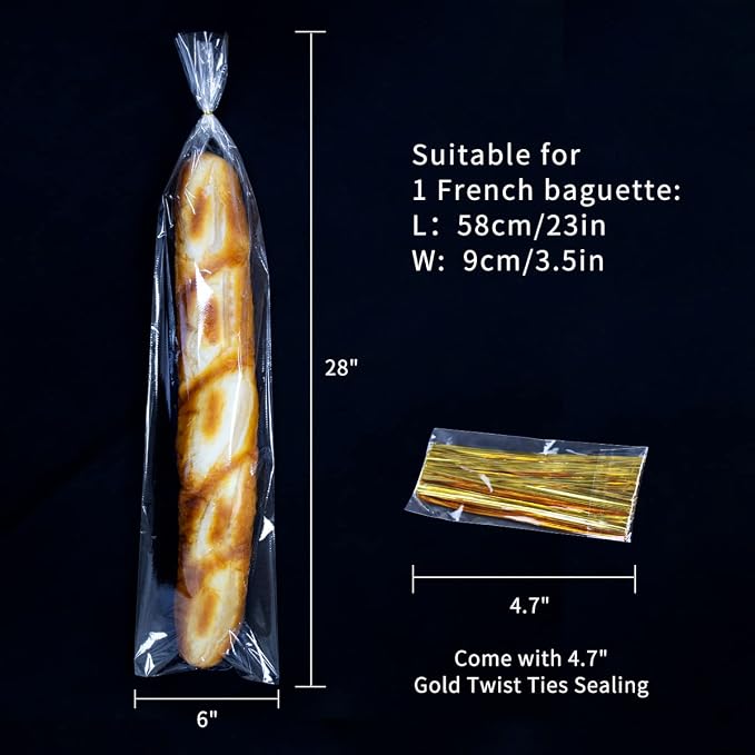6 x 28 Inch French Bread Bags, 100 Clear Plastic Baugette Long Bags With Free Twist Ties - Mirco Perforated, Thickened, Freezer Safe, Disposable