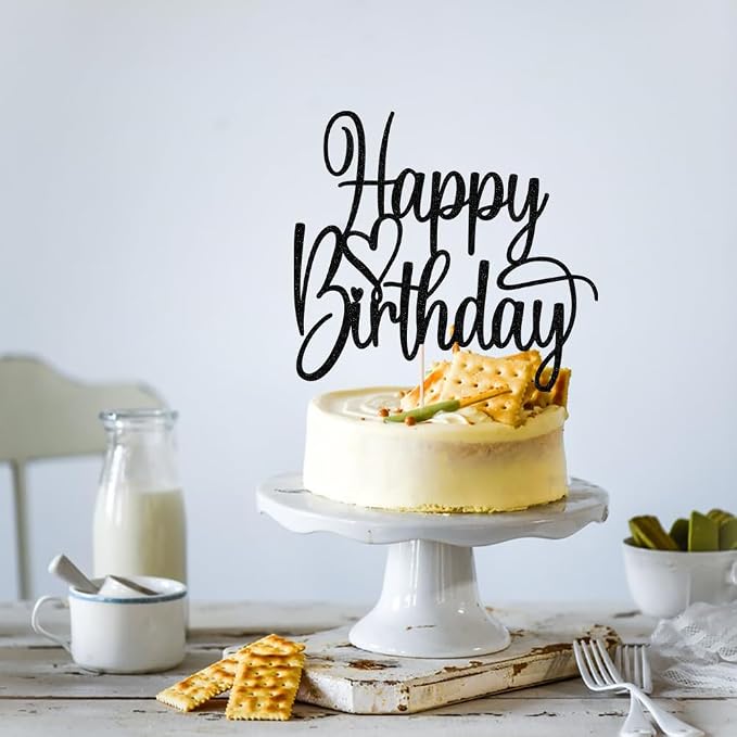 Handmade Glitter Happy Birthday Cake Topper- Happy Birthday Cake Decor,Fabulous Cake Decoration，Anniversary/Birthday Party Decoration Supplies(black)