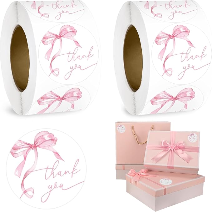 1000pcs Pink Thank You Stickers, 1.5 Inch Bow Thank You Stickers, Self-Adhesive Thank You Sticker for Small Business Packaging Envelopes Wedding Gift Wraps (Pink-2pcs)