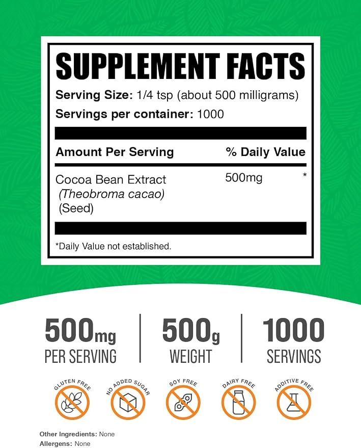 BulkSupplements.com Cocoa Bean Extract Powder - Cocoa Supplement - Unsweetened, Vegan & Gluten Free, 500mg per Serving, 500g (1.1 lbs) (Pack of 1)