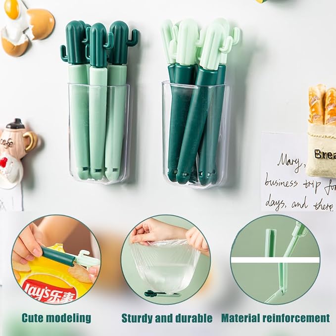 Ouliget Magnetic Refrigerator Sealing Clip,Cute Cactus Shaped Food Packages Clips,Chip Clips with Magnet Storage Box,Kitchen Food Freshness Bag Clip Kitchen Accessories,2 Pieces of 10