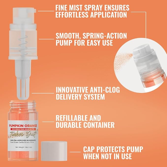 Bakell - Pumpkin Orange Tinker Dust (4g, 1x Mini Spray Pump) Edible Glitter for Food, Desserts, and Baked goods!