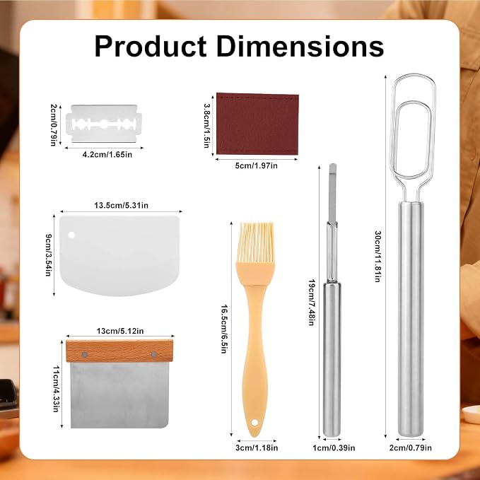 Danish Dough Whisk Set, Stainless Steel Bread Whisk Sourdough Mixer with Cutter Scraper Pastry Brush Knife & Storage Bag for Cooking Baking