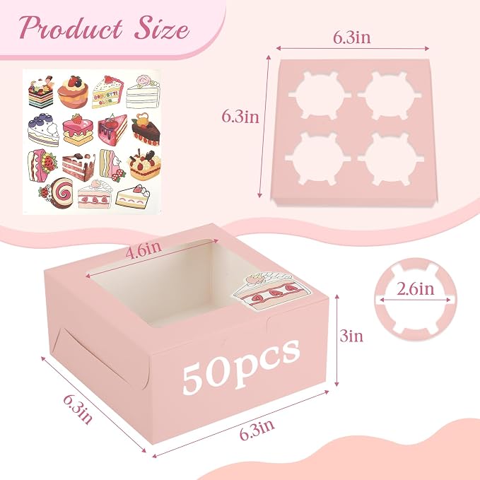 OAMCEG 50 Pack Cupcake Boxes with Window, 6x6x3 Inches Cookie Boxes, Bakery Treat Boxes for Pastry, Desserts, Chocolate Strawberries, Cupcake Containers, Gift Giving with Stickers & Twine （Pink）