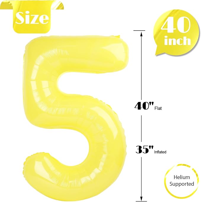 Yellow Number 5 Balloon 40 Inch, 5th Birthday Party Decorations for Children, Giant 5 Foil Balloon for Party Supplies