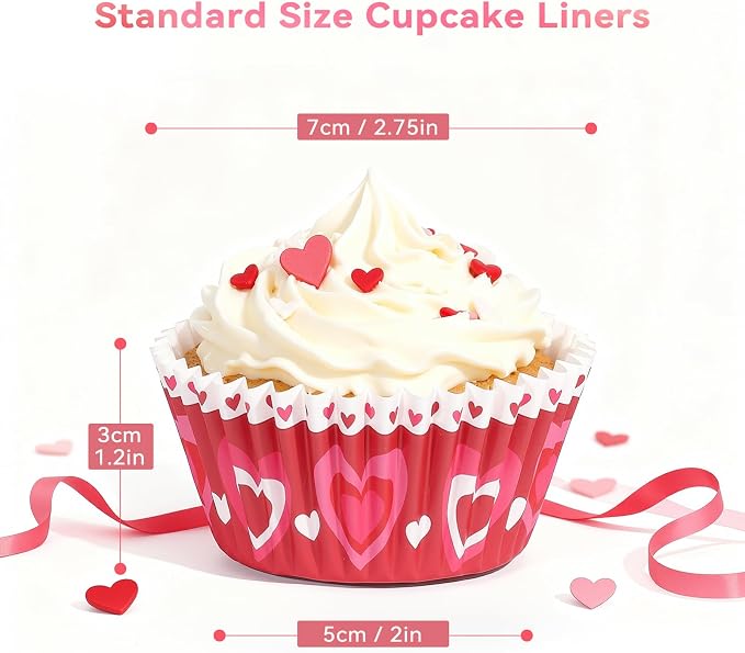 Standard Cupcake Liners 100 Pack, Colorful Paper Baking Cups Hearts Food Grade Disposable Cupcake Wrappers Muffin Liners for Valentine's Day Tea Themed Party Baking Decor
