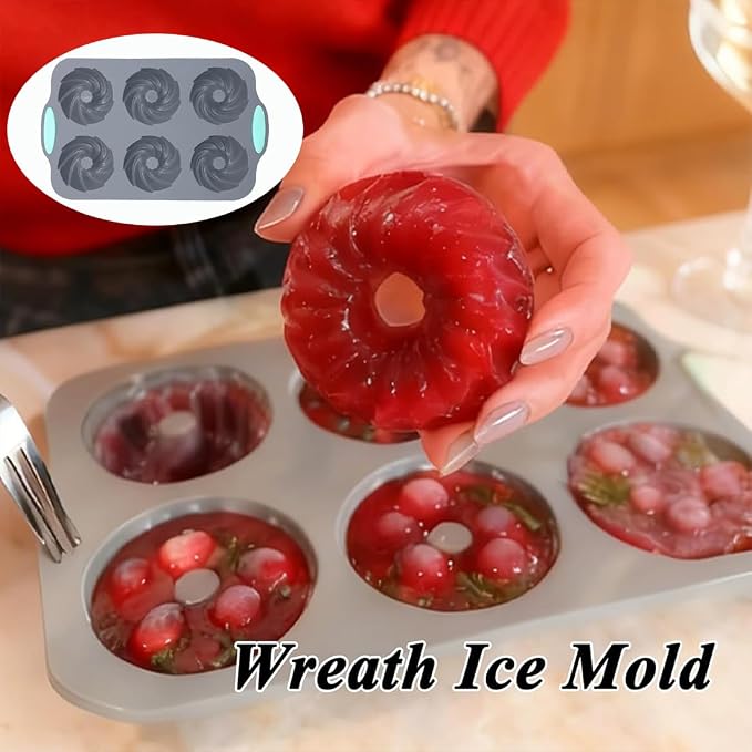 Wreath Ice Mold, Christmas Ice Cube Molds, Silicone Wreath Ice Cube Tray For Holiday Cocktails, 6 Hole Flexible Donut Diy Bakeware Suitable For Ice Cubes, Cakes, Soap, Chocolate (E Set)