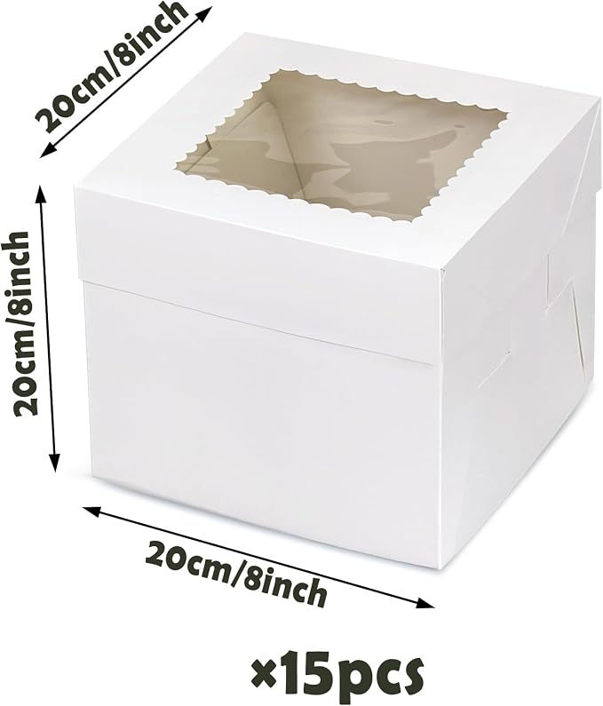 KEEPARTY 15 PCS Cake Boxes with Window 8x8x8 Inches White Bakery Boxes Square Containers for Cake Cupcakes Pastry