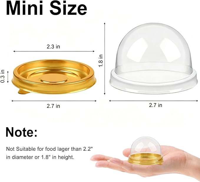 Zezzxu 50 Pack Mini Cake Containers, Clear Plastic Small Cupcake Boxes with Dome Lids for Individual Chocolate Covered Cookies, Strawberry, Mooncake (Gold)