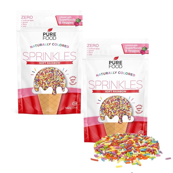 Pure Food By Estee Natural Soft Rainbow Color Sprinkles, 5oz (2 Pack) | Vegan | Dye Free Rainbow Jimmies for Baking | Natural Colors | Soy Free, Gluten Free, Dairy Free, Nut Free