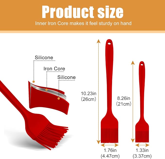 Silicone Basting Brush 2 Pcs Pastry Brush for Oil, BBQ, Grill, Sauce Baking Cooking, Dishwasher Safe (Red)
