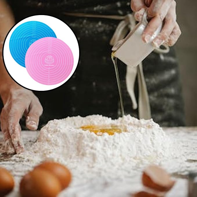2-Pack 12 Inch Blue and Pink Silicone Baking Pad, Round Cake Decorating Mat for Rotating Stand, Non-Stick Fondant Work Surface, Washable Pastry Sheet for Bread Pizza Dough