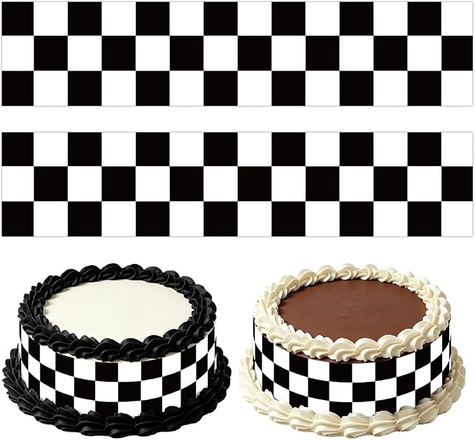 6Pcs Edible Cake Borders, 11x2.44in Black White Checkered Race Car Theme Birthday Cake Decorations Pre-Cut Rice Wrap Paper Strips Decor for Racing Theme Image Party