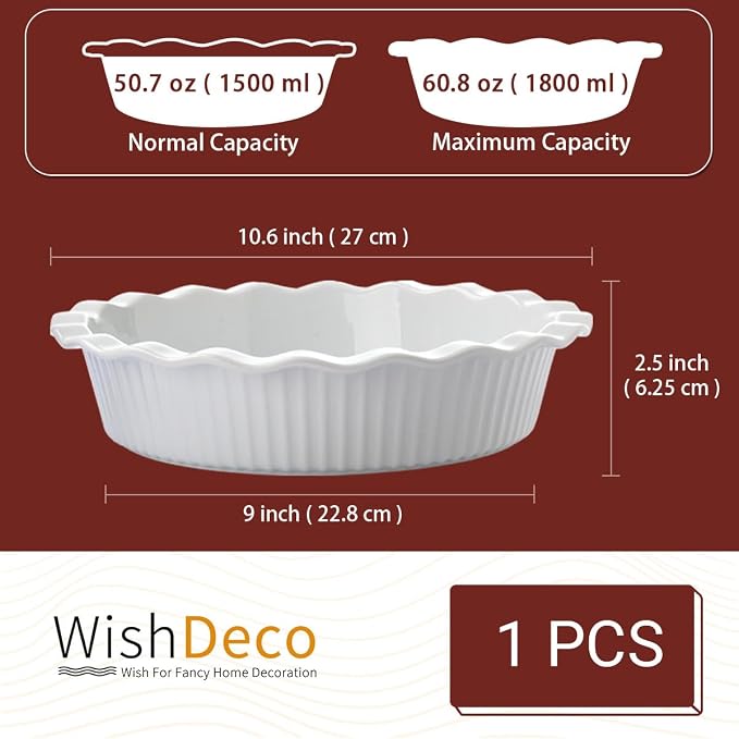WishDeco Ceramic Pie Pan for Baking 23 cm / 9 inch, Deep Round Pie Dish 1500 ml / 50 oz, Pie Plate with Fluted Rim, Porcelain Baking Dish for Apple Pie, Quiche, Tart, Cake Oven & Microwave Safe