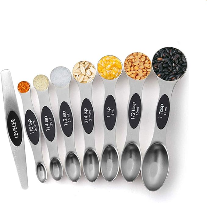 Stainless Steel Baking Tools, Magnetic Double-Headed Measuring Spoons, Seasoning Measuring Spoons With Scraper (8 PCS,Black）