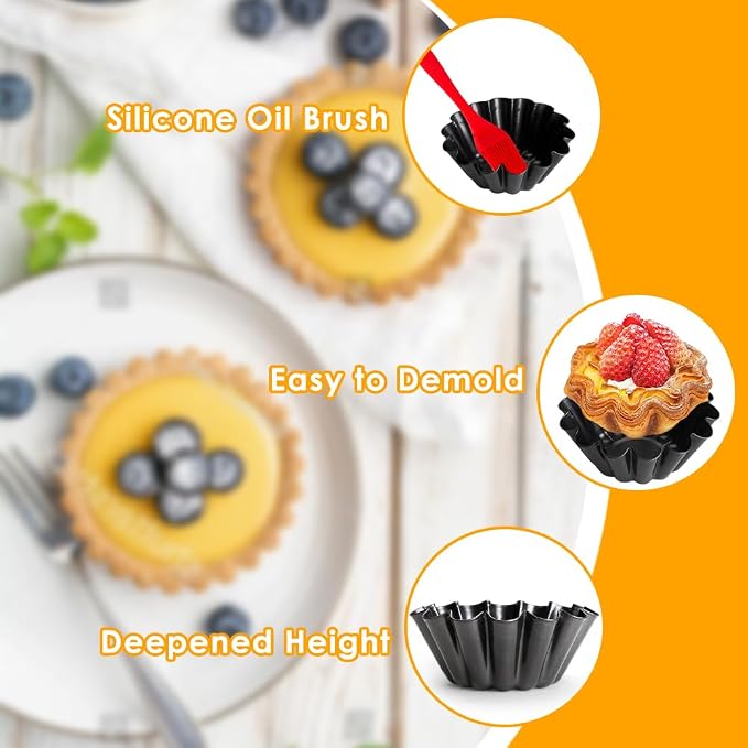 12 pcs Egg Tart Molds, 3.6" Mini Tart Pans, 1.2'' Deep Non-Stick Carbon Steel Mini Tart Panw/Oil & Dish Brushes for Cupcake Cake Muffin Mold Tin Pan, Baking Set Tool