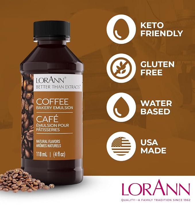 LorAnn Oils Coffee Bakery Emulsion: True Essence, Ideal for Boosting Fruit Tones in Cakes, Cookies & Desserts, Gluten-Free, Keto-Friendly, Extract Substitute Essential for Your Kitchen, 4 Oz