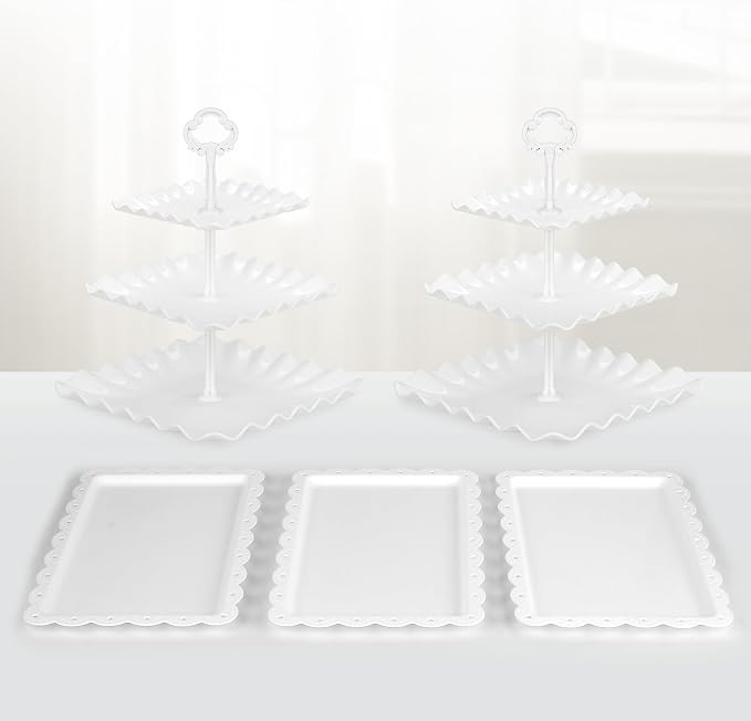 NWK 5 Piece Cake Stand Set with 2 x Large 3-Tier Cupcake Stands, 3 x Appetizer Trays, for Wedding Birthday Baby Shower Tea Party Decorations (White)