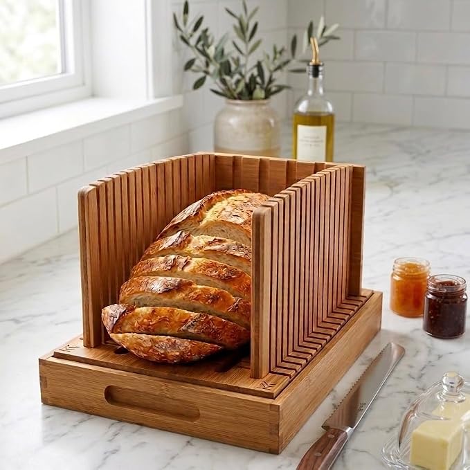 Bread Slicer For Homemade Bread - Fir and Favour Upgraded Adjustable Bamboo Bread Cutter Board - Compact Slicing Guide With Crumb/Serving Tray- Bread Loaf Slicer for Sourdough Gift