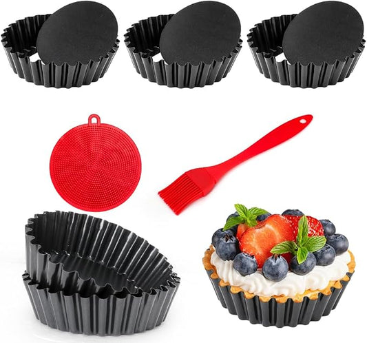6 Pieces Mini Tart Pans 4 Inch with Removable Bottom Nonstick Quiche Pan 1.2 Inch Deep Mini Pie Pans Tart Pan Bakeware Mold Fluted Side for Pies with Oil Brush&Silicone Scrubber