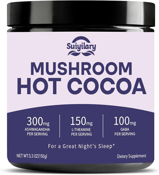 Suiyilary 10 Mushroom Hot Cocoa for Sleep, Sugar Free Keto Cocoa Powder, Nighttime Drink,100mg Magnesium Glycinate, 100mg GABA, 150mg L-Theanine, Help Fall Asleep and Stay Asleep, 15 Servings
