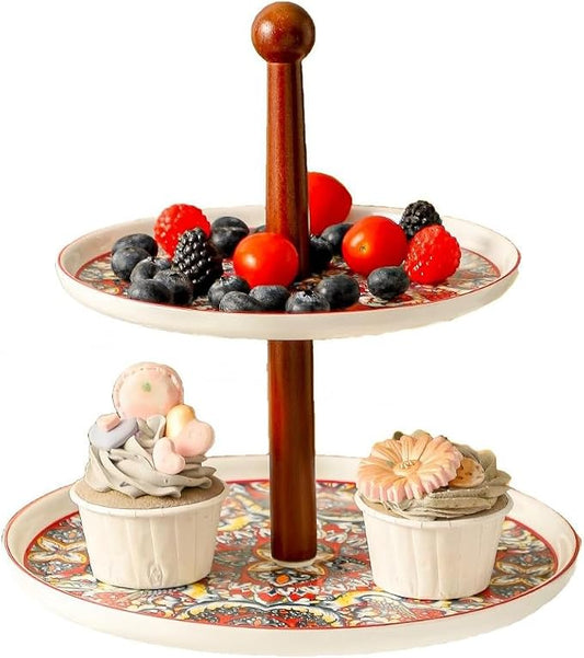 2 Tiered Cupcake Dessert Stand Ceramic, Tiered Serving Cake Stand Bohemian Plates Tray Food Grade Dessert Display Stand, Beautiful Gift for Tea Party, Weddings Parties & Home Décor (Red)
