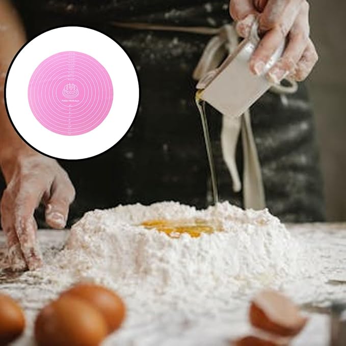 2-Pack 12 Inch Pink Silicone Baking Pad, Round Cake Decorating Mat for Rotating Stand, Non-Stick Fondant Work Surface, Washable Pastry Sheet for Bread Pizza Dough