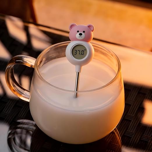 2 in 1 Digital Instant Read Cooking Thermometer, Pink | Bear Shaped Stirring Rod Thermometer, Food Grade Probe for Baby Milk Coffee Soup, Auto On Off Kitchen Gadget