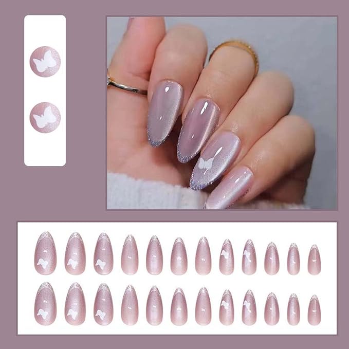 30Pcs Press on Nails Short Almond ZWENJIE Cat Eye Fake Nails Press ons Nail Tips Stick on Nails Glitter Tip Acrylic Nails Kit French False Nails with Sea Blue Design Nail Art for Women Manicure