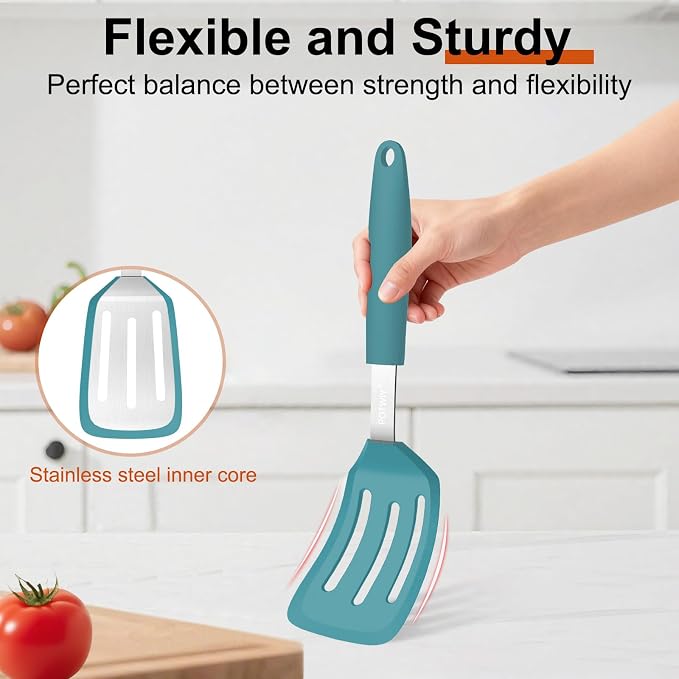 2 Pack Silicone Kitchen Spatula Set, 600°F Heat Resistant (Blue) | BPA Free, Solid & Slotted Turner, Non-Toxic Cooking Utensils, Safe for Non Stick Frying Pan, Dishwasher Safe