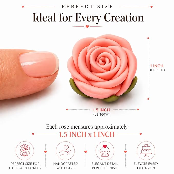 Confect Edible Rose Topper – Salmon Pink Roses for Cake, Cupcake & Doughnut Decoration – Pack of 12 Edible Floral Toppers- Vegan, Gluten-Free, Nut-Free, Soy-Free, Dairy-Free, Palm Oil-Free