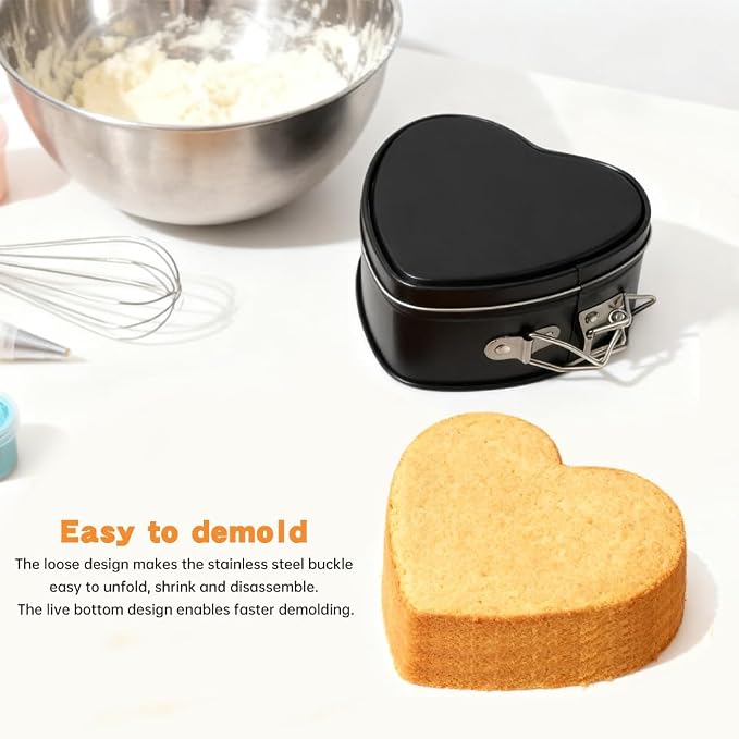 Heart Springform Pans 4 Inch, Set of 4 Mini Cheesecake Pans, Nonstick | Removable bottom, Spring latch release, Carbon steel with nonstick coating, Oven safe 445F, Hand wash recommended