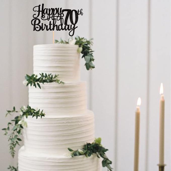 1 PCS Happy 70th Birthday Cake Topper Glitter Cheers to 70 Years Birthday Cake Pick Seventy 70 Fabulous Cake Decoration for Happy 70th Birthday Theme Party Decorations Supplies Black