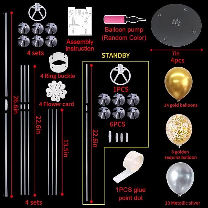 TONIFUL 4 Table Centerpiece Balloon Stand Kit Include Silver Gold Latex Confetti Balloons for 2026 Graduation,New Years 2026,Birthday,Retirement,Christmas,Anniversary Table Party Decoration