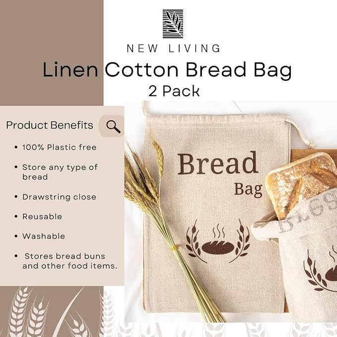 Bread Bag 2 Pack Natural Linen | Food Storage Bag | Linen Cotton Blend | 38x27 cm | Eco Product | Plastic Free