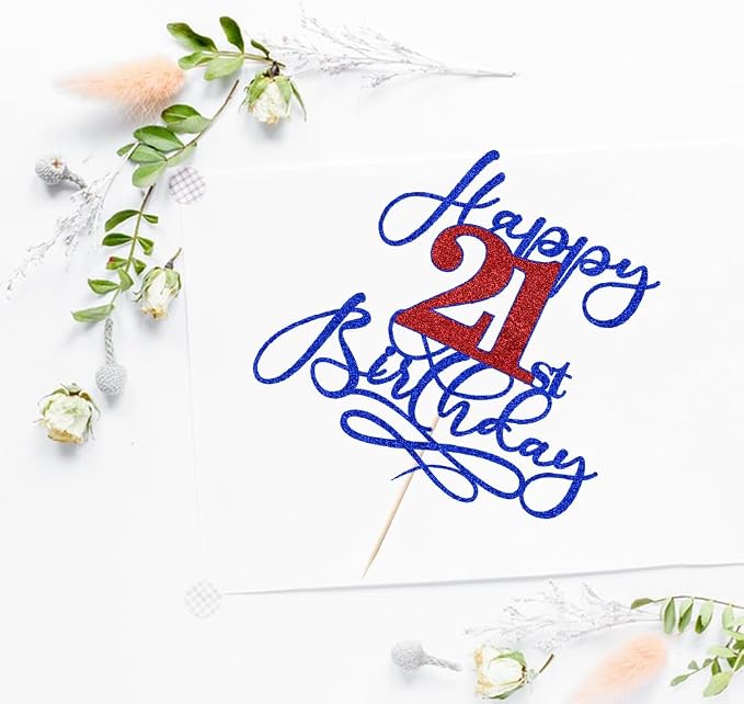 Happy 21st Birthday Cake Topper,Deep blue font red Numbers 21st Birthday Cake Decoration,Hello Twenty-one years old, Cheers to 21 Years/21st Anniversary, Fabulous Party Decoration